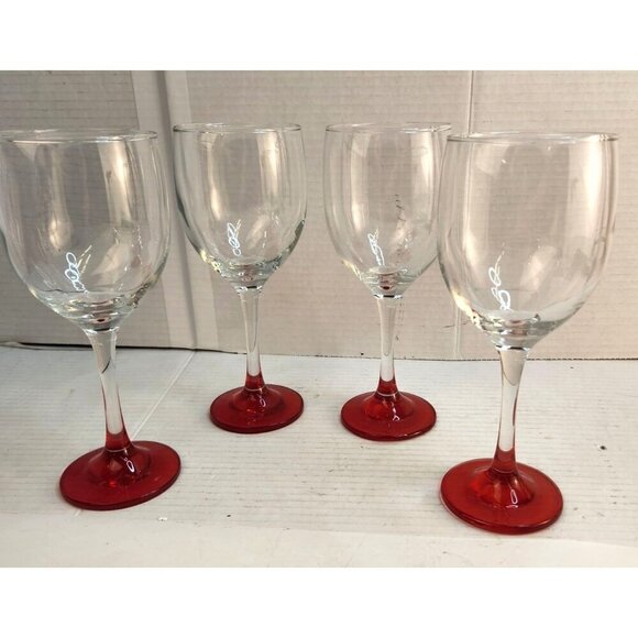 Set Of 2 Clear Long Streamed Wine Glasses With Red Base - Picture 1 of 7